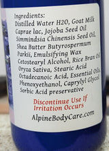 Load image into Gallery viewer, Bottle label with ingredients list and contact information for Alpine Body Care.