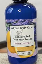 Load image into Gallery viewer, Bottle of Alpine Body Care Lemon Lavender Goat Milk Lotion on a neutral background