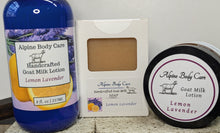 Load image into Gallery viewer, Alpine Body Care lemon lavender products including a bottle, soap bar, and lotion on a light surface.